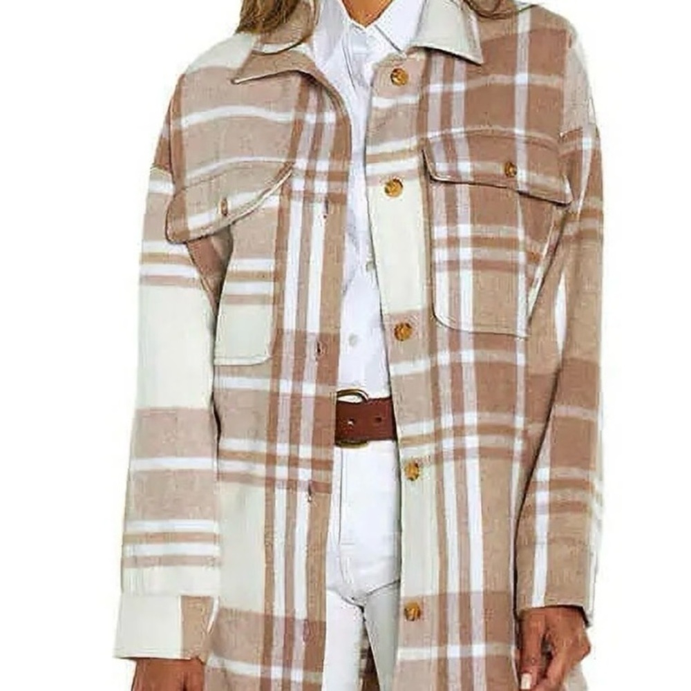 Banana Republic Women's Plaid Utility Jacket in Tan and Cream